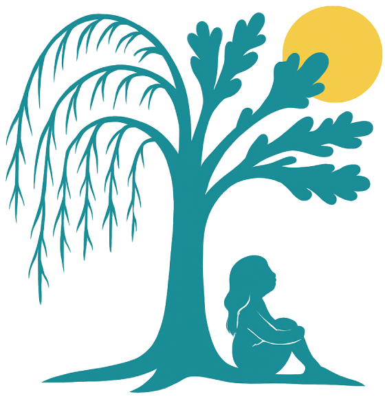 Girl sitting under willow tree